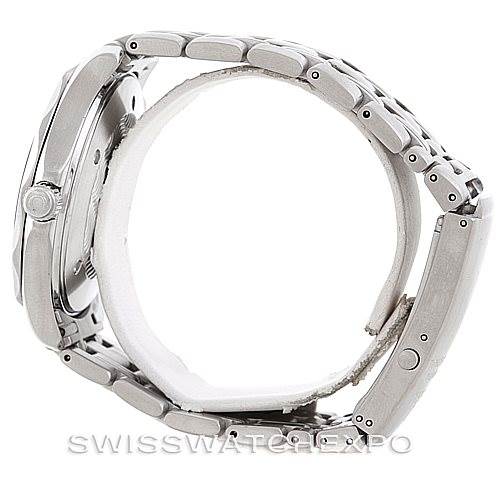 The image shows an Omega Seamaster 2541.80.00 Men
s Stainless Steel Blue Dial 2541.80.00 Men
s Stainless Steel Blue Dial watch from a side angle, highlighting the bracelet, case, and crown.