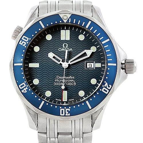 This image shows a front view of the Omega Seamaster 2541.80.00 Men
s Stainless Steel Blue Dial 2541.80.00 Men
s Stainless Steel Blue Dial watch, highlighting the dial, bezel, crown, and bracelet.