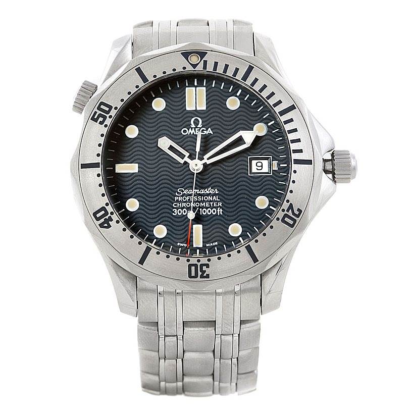 The image shows a frontal view of the Omega Seamaster 2532.80.00 Men's Stainless Steel Grey Dial 2532.80.00 Men's Stainless Steel Grey Dial watch, highlighting its dial, bezel, crown, and metal bracelet.