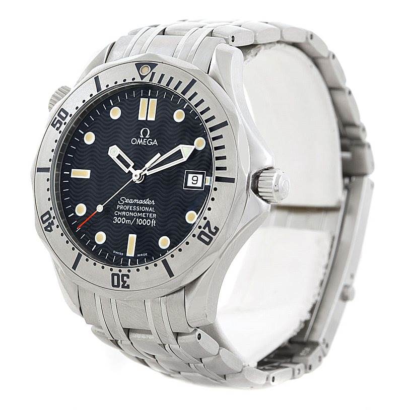 The image shows an Omega Seamaster 2532.80.00 Men's Stainless Steel Grey Dial 2532.80.00 Men's Stainless Steel Grey Dial model watch from a front-right angle, highlighting the face, bezel, and metal bracelet.