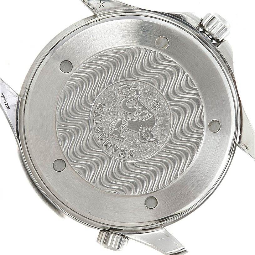 The image shows the back case of an Omega Seamaster 2532.80.00 Men's Stainless Steel Grey Dial 2532.80.00 Men's Stainless Steel Grey Dial watch, highlighting the engraved sea horse and wave pattern.