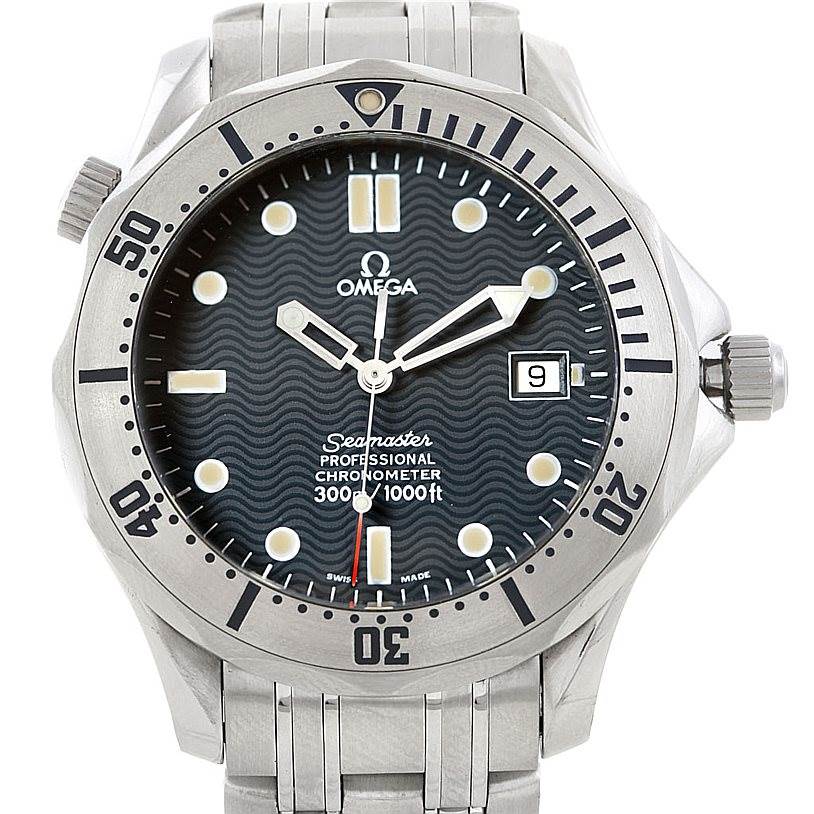 This image shows a front view of the Omega Seamaster 2532.80.00 Men's Stainless Steel Grey Dial 2532.80.00 Men's Stainless Steel Grey Dial Professional Chronometer watch displaying its face, bezel, and stainless steel bracelet.