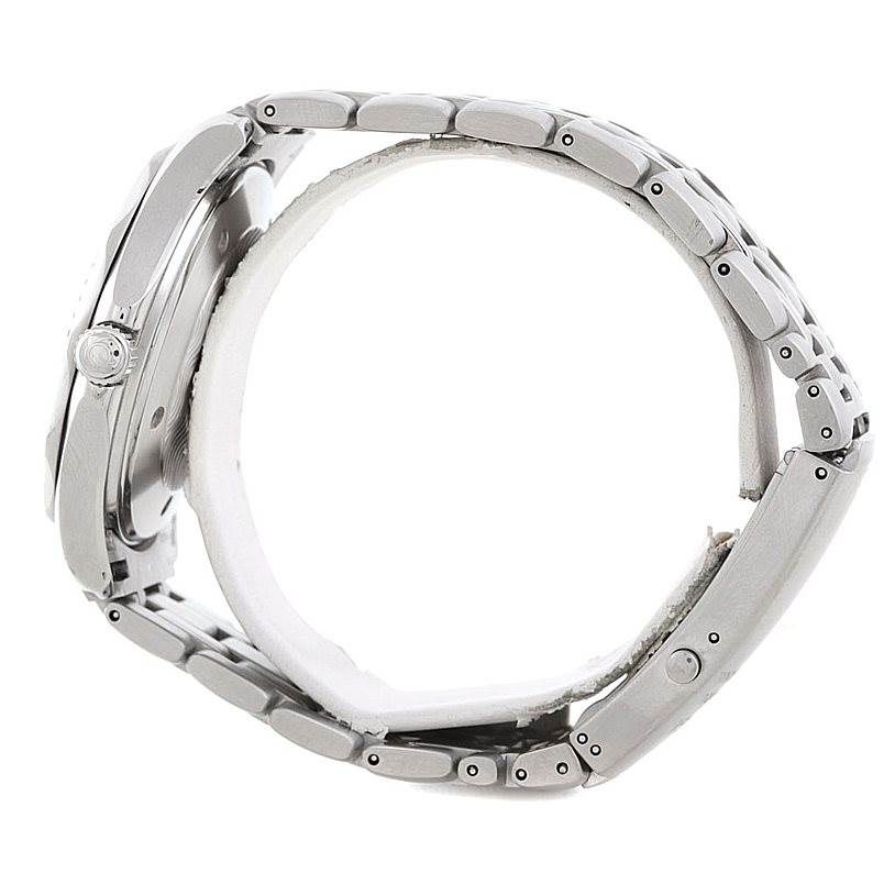 The image shows a side profile of an Omega Seamaster 2532.80.00 Men's Stainless Steel Grey Dial 2532.80.00 Men's Stainless Steel Grey Dial watch, highlighting the case, crown, and metal bracelet.