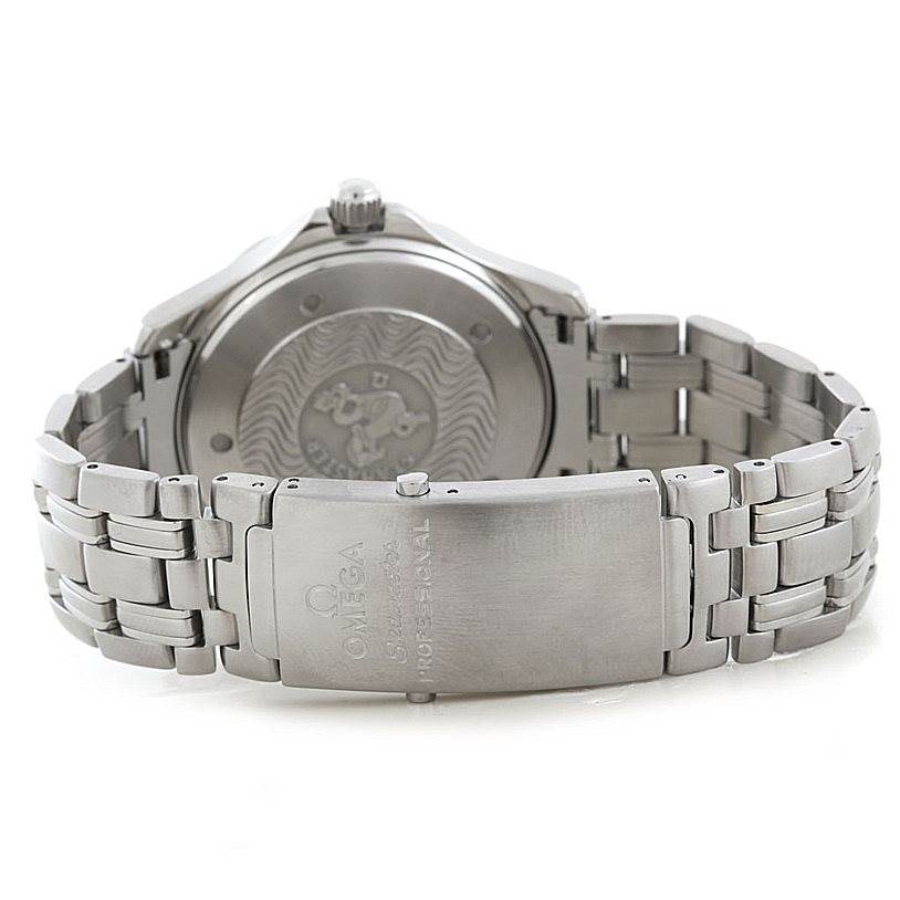 The image shows the back view of the Omega Seamaster 2532.80.00 Men's Stainless Steel Grey Dial 2532.80.00 Men's Stainless Steel Grey Dial watch, focusing on the case back and the metal bracelet with its clasp.