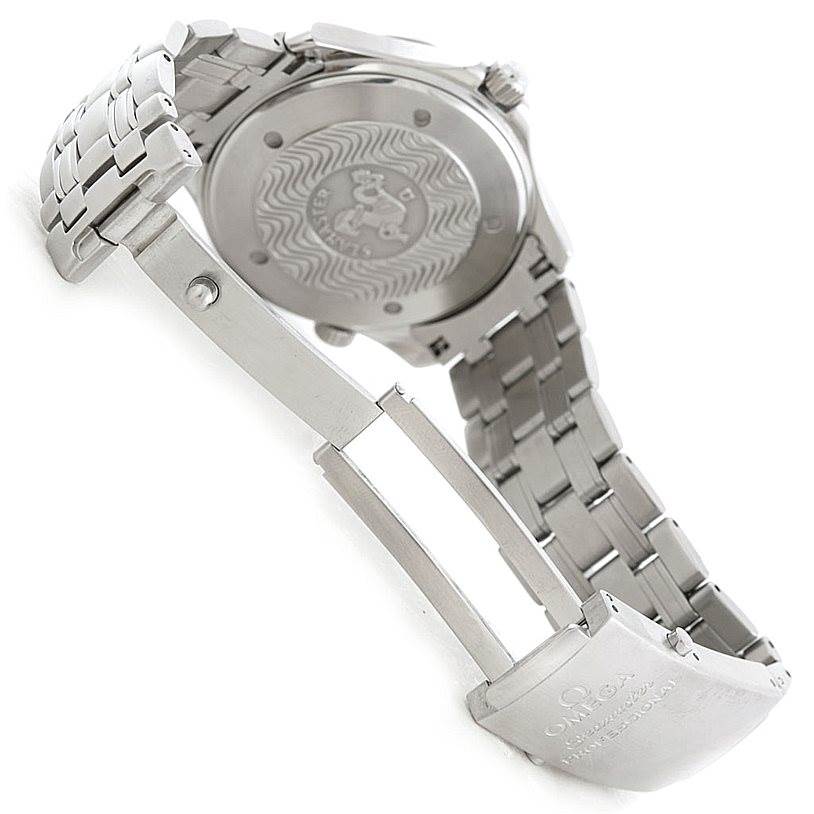 This image shows the back case and bracelet of an Omega Seamaster 2532.80.00 Men's Stainless Steel Grey Dial 2532.80.00 Men's Stainless Steel Grey Dial watch, highlighting the clasp and engraved case back.