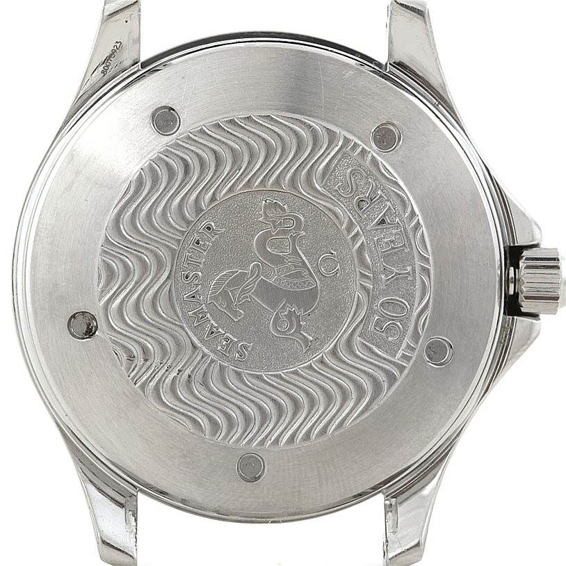 The image shows the back case of an Omega Seamaster 2234.50.00 Men
s Stainless Steel Black Dial 2234.50.00 Men
s Stainless Steel Black Dial watch, highlighting the detailed engraving and the crown on the watch
s side.