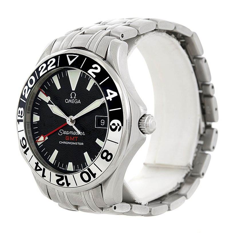 This Omega Seamaster 2234.50.00 Men
s Stainless Steel Black Dial 2234.50.00 Men
s Stainless Steel Black Dial GMT watch is shown at a three-quarter angle, displaying the bezel, dial, crown, and part of the bracelet.