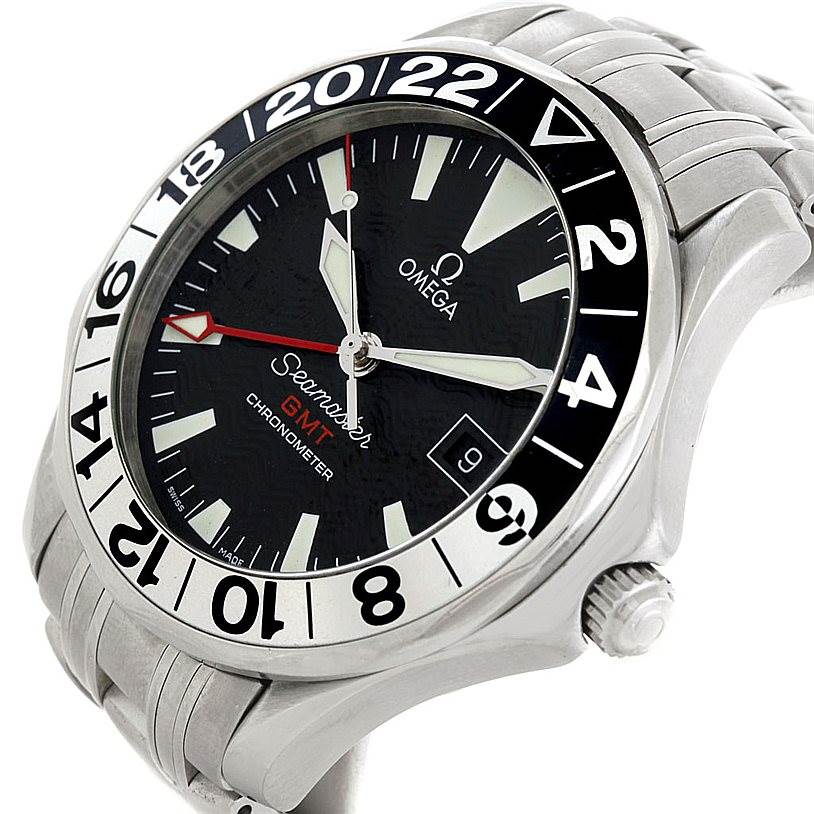 The image shows an angled side view of an Omega Seamaster 2234.50.00 Men
s Stainless Steel Black Dial 2234.50.00 Men
s Stainless Steel Black Dial watch, highlighting the face, bezel, crown, and part of the stainless steel bracelet.