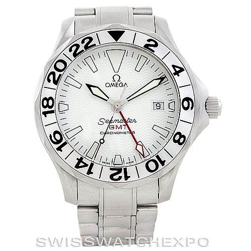 The image shows a front view of an Omega Seamaster 2538.20.00 Men
s Stainless Steel White Dial 2538.20.00 Men
s Stainless Steel White Dial GMT Chronometer watch, including its bezel, dial, hands, and bracelet.