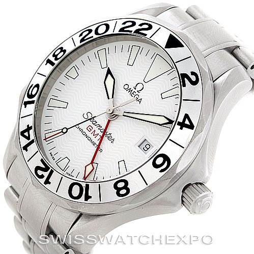 This image shows an angled view of the Omega Seamaster 2538.20.00 Men
s Stainless Steel White Dial 2538.20.00 Men
s Stainless Steel White Dial watch, highlighting its face, bezel with 24-hour markings, and part of the bracelet.