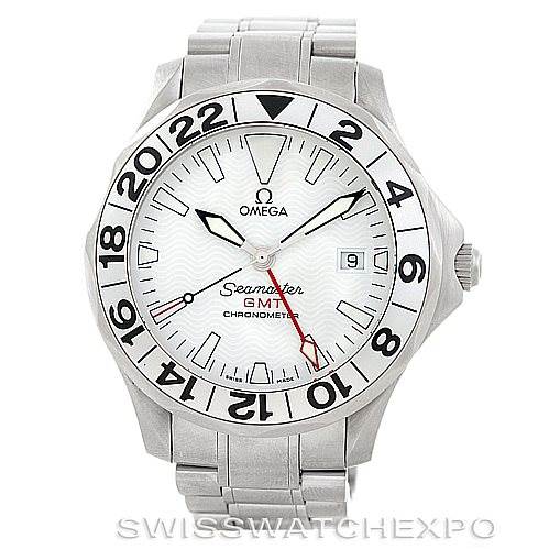 The Omega Seamaster 2538.20.00 Men
s Stainless Steel White Dial 2538.20.00 Men
s Stainless Steel White Dial GMT Chronometer watch is shown from a front angle, displaying its face, bezel, and part of the bracelet.