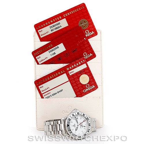 The image shows an Omega Seamaster 2538.20.00 Men
s Stainless Steel White Dial 2538.20.00 Men
s Stainless Steel White Dial watch lying flat with its warranty and certification cards displayed above it.