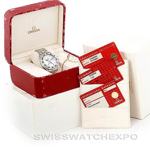 The image shows an Omega Seamaster 2538.20.00 Men
s Stainless Steel White Dial 2538.20.00 Men
s Stainless Steel White Dial watch in its box, accompanied by certification cards and additional packaging.