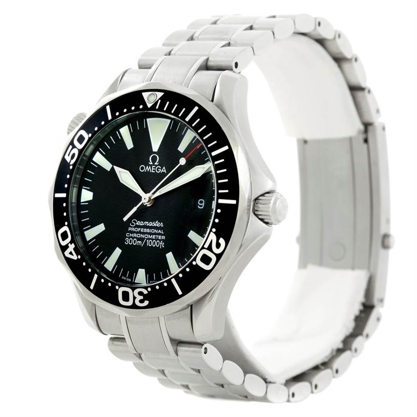 The image shows a side angle of the Omega Seamaster 2254.50.00 Men
s Stainless Steel Black Dial 2254.50.00 Men
s Stainless Steel Black Dial watch, highlighting its face, bezel, crown, and stainless steel bracelet.