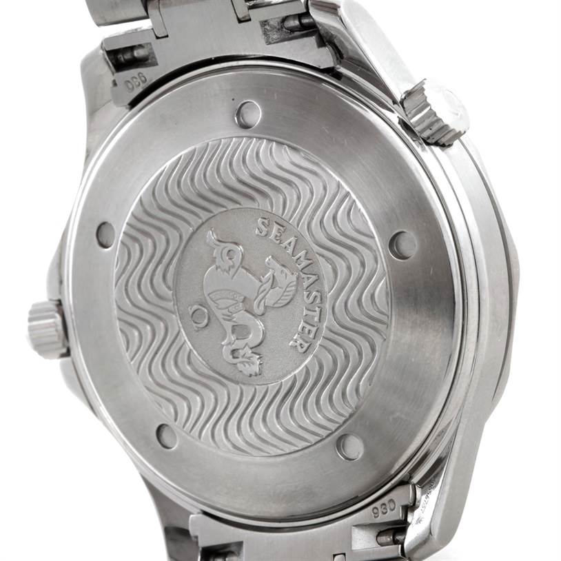 The image shows the back case of an Omega Seamaster 2254.50.00 Men
s Stainless Steel Black Dial 2254.50.00 Men
s Stainless Steel Black Dial watch, displaying the engraved logo and wave pattern.