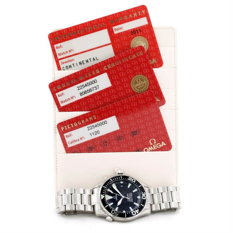 The image shows an Omega Seamaster 2254.50.00 Men
s Stainless Steel Black Dial 2254.50.00 Men
s Stainless Steel Black Dial watch with its face and bracelet, alongside warranty and certification cards.