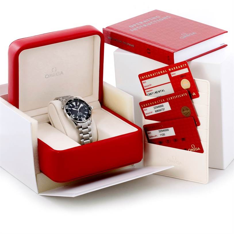 The Omega Seamaster 2254.50.00 Men
s Stainless Steel Black Dial 2254.50.00 Men
s Stainless Steel Black Dial watch is displayed in its open red case, with warranty cards and an instruction manual visible.