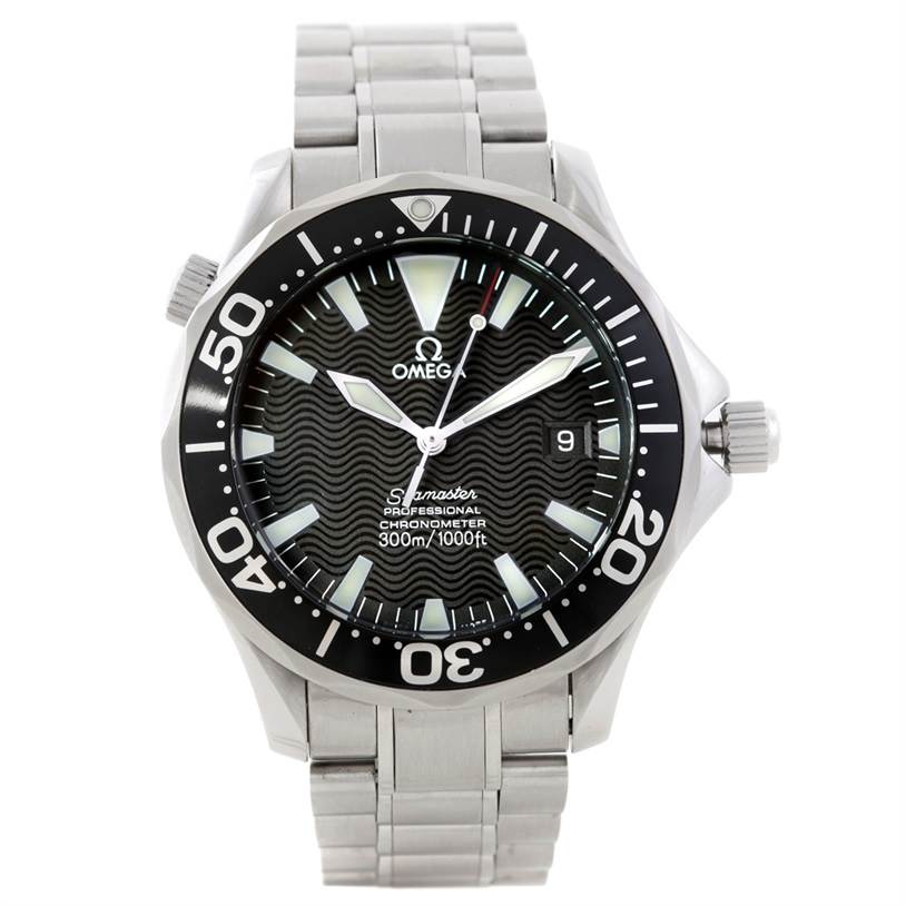 The image shows a front-angle view of the Omega Seamaster 2254.50.00 Men
s Stainless Steel Black Dial 2254.50.00 Men
s Stainless Steel Black Dial watch, including the dial, bezel, crown, and stainless steel bracelet.