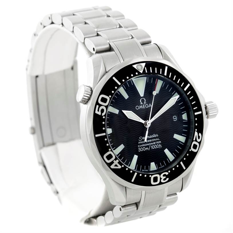 The image shows an Omega Seamaster 2254.50.00 Men
s Stainless Steel Black Dial 2254.50.00 Men
s Stainless Steel Black Dial watch from a front angle, highlighting its face, bezel, crown, and metal bracelet.