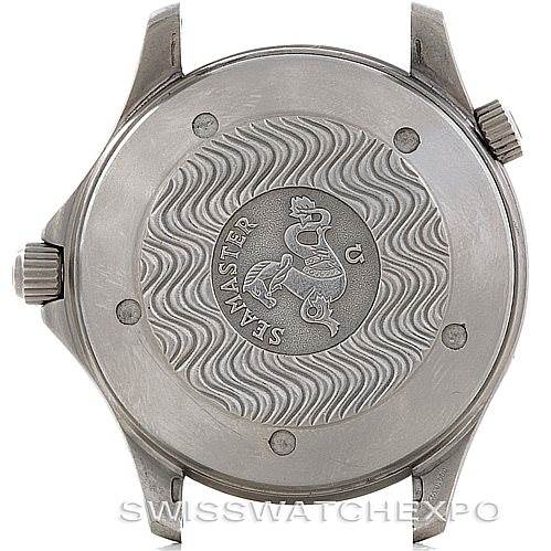The image shows the back case of an Omega Seamaster 2031.50.00 Men
s Titanium Black Dial 2031.50.00 Men
s Titanium Black Dial watch featuring the iconic wave pattern and seahorse emblem.