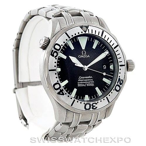 The image shows an Omega Seamaster 2031.50.00 Men
s Titanium Black Dial 2031.50.00 Men
s Titanium Black Dial watch from a front-left angle, highlighting the bezel, dial, crown, and stainless steel bracelet.