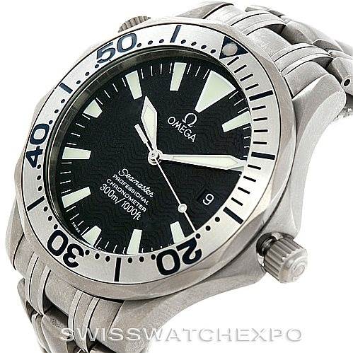 The image displays an angled view of the Omega Seamaster 2031.50.00 Men
s Titanium Black Dial 2031.50.00 Men
s Titanium Black Dial watch, showing the bezel, face, crown, and bracelet.