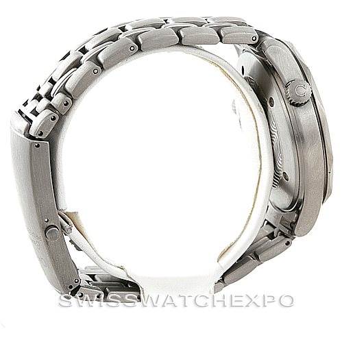 This image shows a side view of the Omega Seamaster 2031.50.00 Men
s Titanium Black Dial 2031.50.00 Men
s Titanium Black Dial watch, focusing on the metal bracelet and the case with the crown.