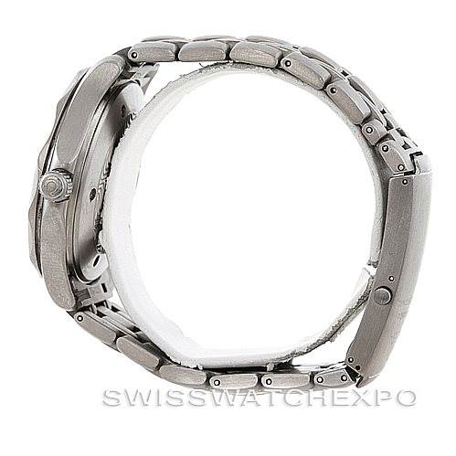 This image shows a side view of an Omega Seamaster 2031.50.00 Men
s Titanium Black Dial 2031.50.00 Men
s Titanium Black Dial watch, focusing on the stainless steel case and bracelet.