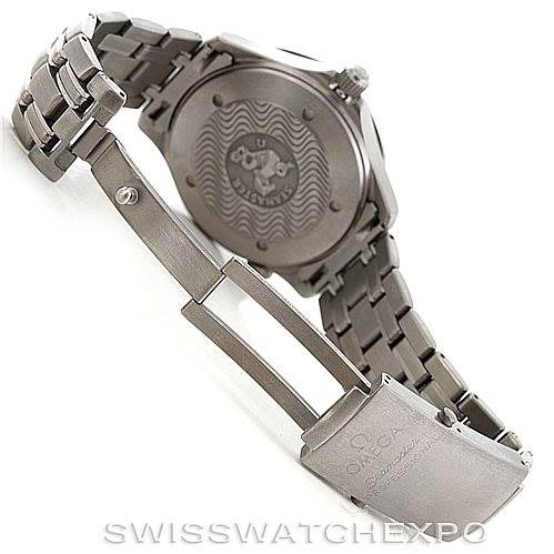 This image shows the backside and clasp of the Omega Seamaster 2031.50.00 Men
s Titanium Black Dial 2031.50.00 Men
s Titanium Black Dial watch, highlighting the caseback design and steel bracelet clasp fully opened.