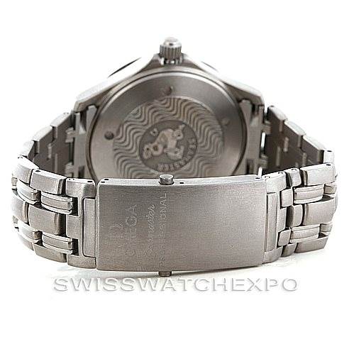 The image shows an Omega Seamaster 2031.50.00 Men
s Titanium Black Dial 2031.50.00 Men
s Titanium Black Dial watch from the back, highlighting the case back and metal bracelet clasp clearly.