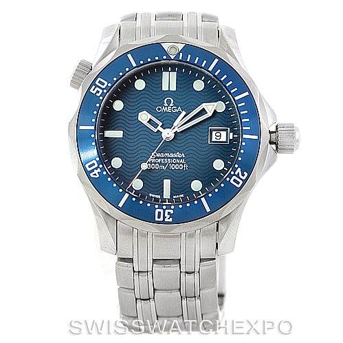 The image shows a front view of an Omega Seamaster 2561.80.00 Men
s Stainless Steel Blue Dial 2561.80.00 Men
s Stainless Steel Blue Dial watch with a blue dial, stainless steel bracelet, and a rotating bezel.