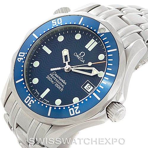 The image shows an Omega Seamaster 2561.80.00 Men
s Stainless Steel Blue Dial 2561.80.00 Men
s Stainless Steel Blue Dial watch from an angled top view, highlighting the dial, bezel, crown, and bracelet.