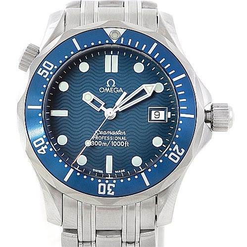 The image shows a frontal view of the Omega Seamaster 2561.80.00 Men
s Stainless Steel Blue Dial 2561.80.00 Men
s Stainless Steel Blue Dial wristwatch, including the dial, bezel, crown, and part of the stainless steel bracelet.