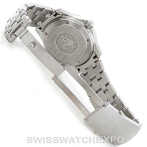 The image shows the back view of an Omega Seamaster 2561.80.00 Men
s Stainless Steel Blue Dial 2561.80.00 Men
s Stainless Steel Blue Dial watch with its bracelet and clasp open and displayed.