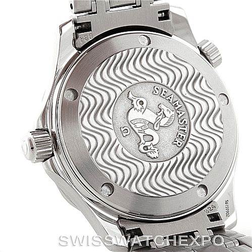 The image shows the case back of an Omega Seamaster 2561.80.00 Men
s Stainless Steel Blue Dial 2561.80.00 Men
s Stainless Steel Blue Dial watch, featuring its engraved design and the bracelet attachment.