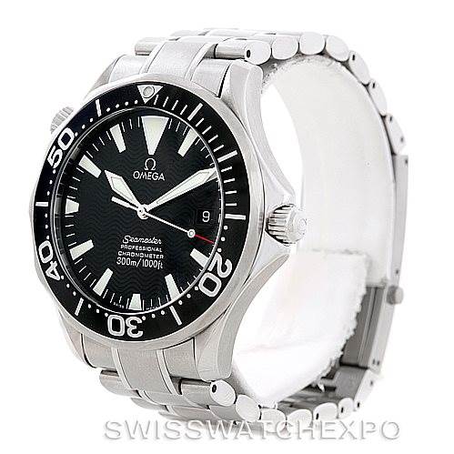 The image shows a side-angle view of an Omega Seamaster 2254.50.00 Men
s Stainless Steel Black Dial 2254.50.00 Men
s Stainless Steel Black Dial watch, highlighting its bezel, dial, and metal bracelet.