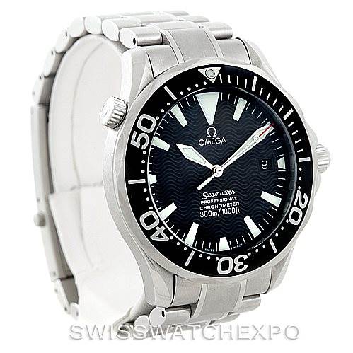 The Omega Seamaster 2254.50.00 Men
s Stainless Steel Black Dial 2254.50.00 Men
s Stainless Steel Black Dial watch is shown at a three-quarter angle, displaying its face, bezel, crown, and metal bracelet.