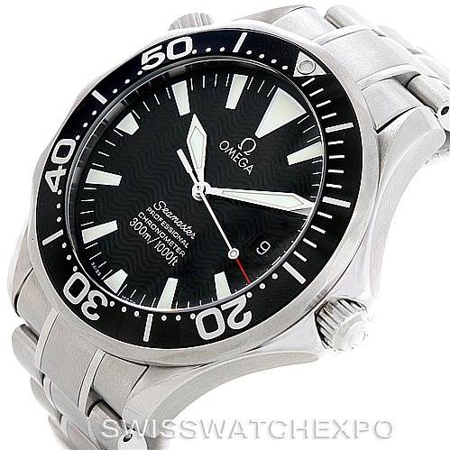 The image shows an Omega Seamaster 2254.50.00 Men
s Stainless Steel Black Dial 2254.50.00 Men
s Stainless Steel Black Dial watch at a three-quarter angle, highlighting the face, bezel, and part of the metal bracelet.
