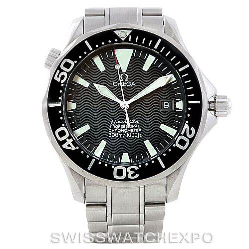 This image shows a frontal view of the Omega Seamaster 2254.50.00 Men
s Stainless Steel Black Dial 2254.50.00 Men
s Stainless Steel Black Dial watch, highlighting the dial, bezel, crown, and stainless steel bracelet.