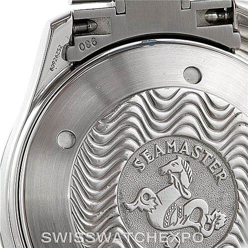 This image shows a close-up of the case back of an Omega Seamaster 2254.50.00 Men
s Stainless Steel Black Dial 2254.50.00 Men
s Stainless Steel Black Dial watch, featuring the trademark wavy design and logo.