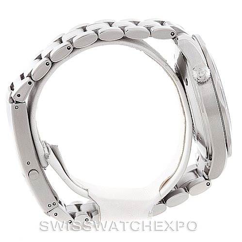 The image shows a side view of the Omega Seamaster 2254.50.00 Men
s Stainless Steel Black Dial 2254.50.00 Men
s Stainless Steel Black Dial watch, highlighting its bracelet, case, and crown.