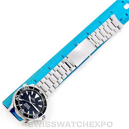 The image shows the Omega Seamaster 2254.50.00 Men
s Stainless Steel Black Dial 2254.50.00 Men
s Stainless Steel Black Dial watch laid flat, next to a ruler for size reference.