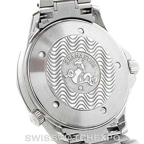 The image shows the back case of an Omega Seamaster 2254.50.00 Men
s Stainless Steel Black Dial 2254.50.00 Men
s Stainless Steel Black Dial watch with engraved details and parts of the metal bracelet.