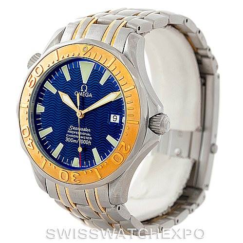 The image shows an angled view of the Omega Seamaster 2455.80.00 Men's Stainless Steel Blue Dial 2455.80.00 Men's Stainless Steel Blue Dial watch, highlighting the bezel, bracelet, dial, and crown.