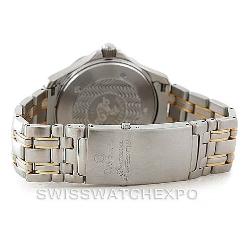 This image shows the back of an Omega Seamaster 2455.80.00 Men's Stainless Steel Blue Dial 2455.80.00 Men's Stainless Steel Blue Dial watch, highlighting the case back and the stainless steel bracelet with gold accents.