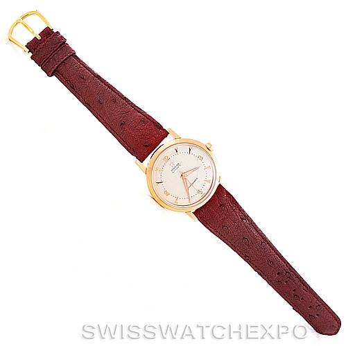 The Omega Seamaster 315.164 Men's Rose Gold Silver Dial 315.164 Men's Rose Gold Silver Dial watch is shown from a top-down angle, displaying the entire face and both leather straps.