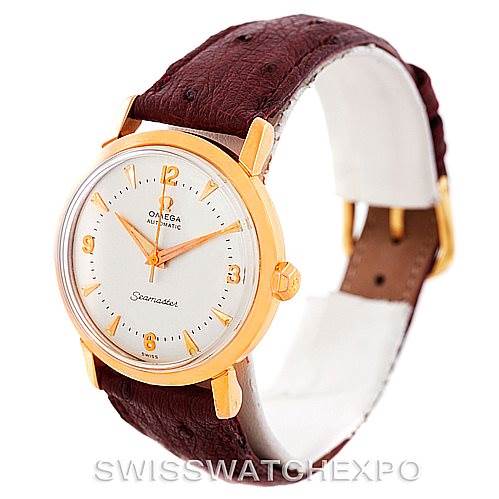 The image shows an Omega Seamaster 315.164 Men's Rose Gold Silver Dial 315.164 Men's Rose Gold Silver Dial watch angled slightly to the left, showcasing the face, strap, and watch case.