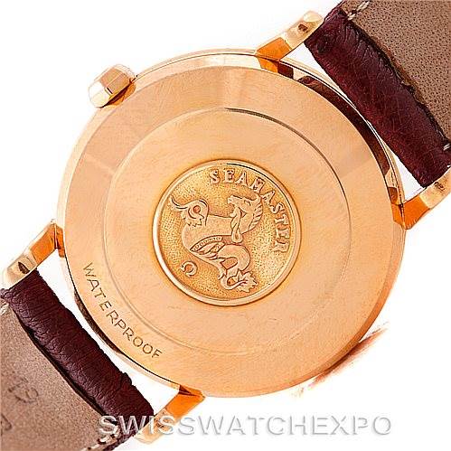 The image shows the case back of an Omega Seamaster 315.164 Men's Rose Gold Silver Dial 315.164 Men's Rose Gold Silver Dial watch with a brown leather strap and "Waterproof" engraving.