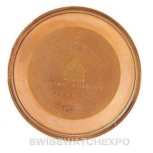 The image shows the inside case back of an Omega Seamaster 315.164 Men's Rose Gold Silver Dial 315.164 Men's Rose Gold Silver Dial watch, focusing on the brand markings and model information.