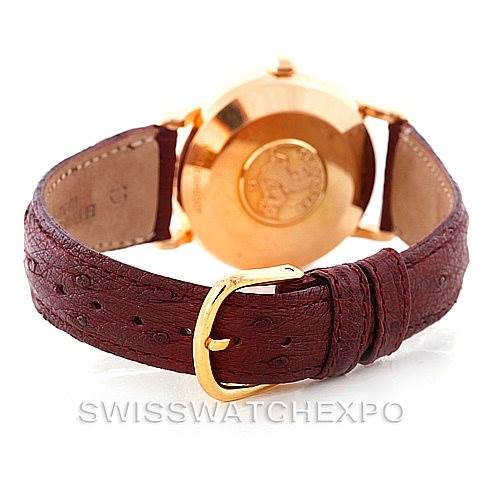 The image shows the back and leather strap of an Omega Seamaster 315.164 Men's Rose Gold Silver Dial 315.164 Men's Rose Gold Silver Dial watch, highlighting the buckle and case back details.